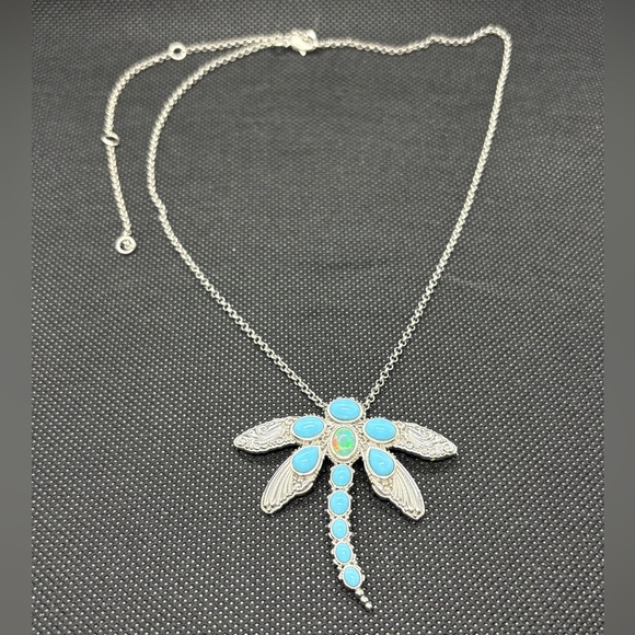 Exquisite Opal, SB Turquoise and Silver Dragonfly Pendant Necklace. 16-22” - Picture 4 of 4